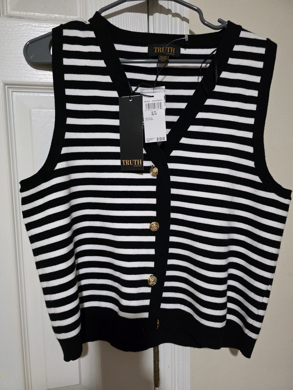 TRUTH Black & White Striped Sleeveless Button-Front Knit Vest